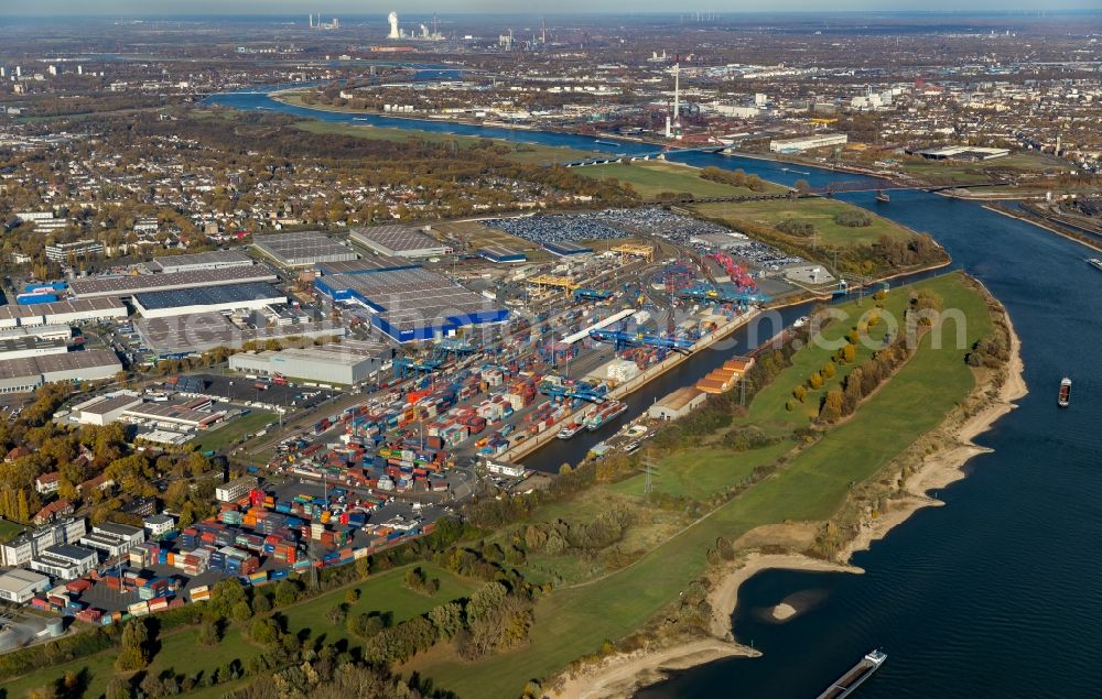 Duisburg from the bird's eye view: Container Terminal in the port of the inland port of DIT Duisburg Intermodal Terminal GmbH on Gaterweg in Duisburg in the state North Rhine-Westphalia