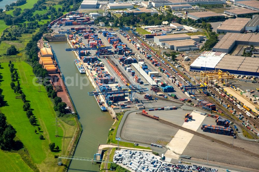 Duisburg from the bird's eye view: Container Terminal in the port of the inland port Duisburg Intermodal Terminal (DIT) in Duisburg in the state North Rhine-Westphalia