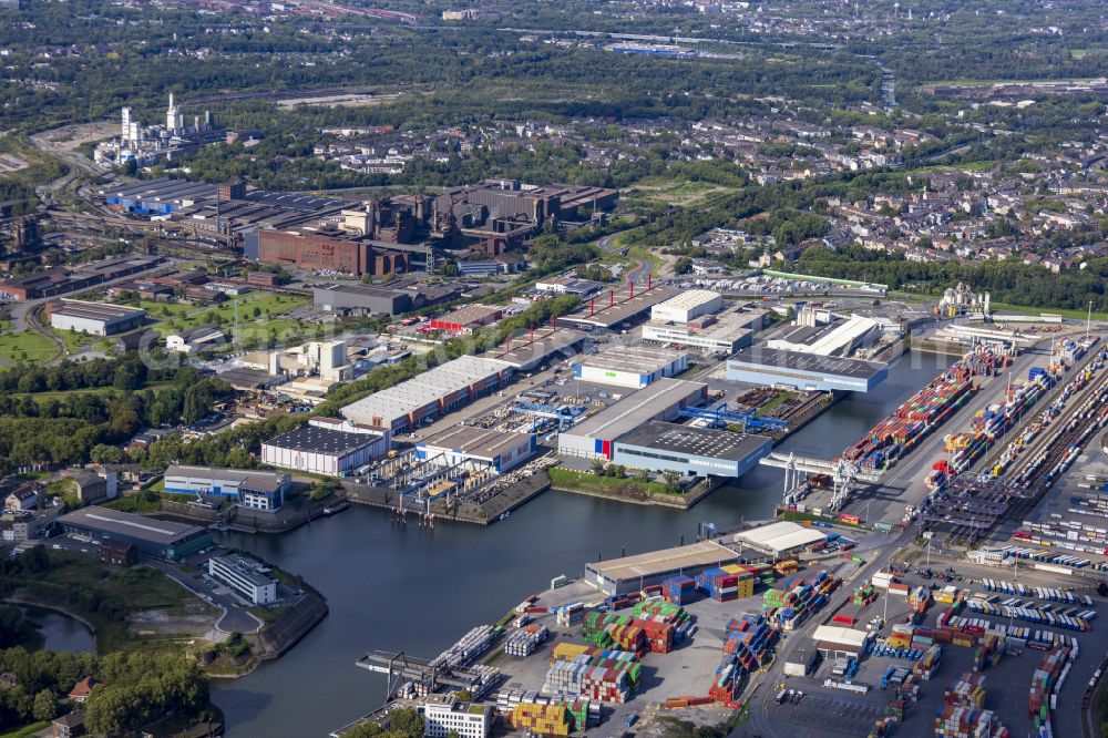 Duisburg from the bird's eye view: Container terminal in the container port of the inland port in the free port in the Ruhrort district of Duisburg in the federal state of North Rhine-Westphalia, Germany