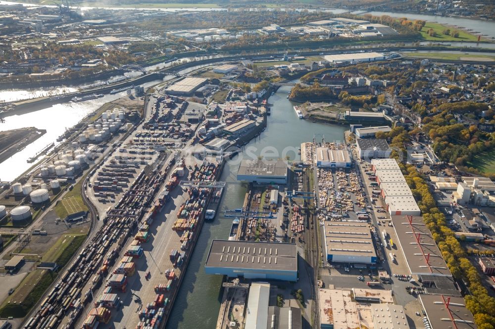 Duisburg from above - Container Terminal in the port of the inland port on Hafenkanal in the district Ruhrort in Duisburg in the state North Rhine-Westphalia, Germany