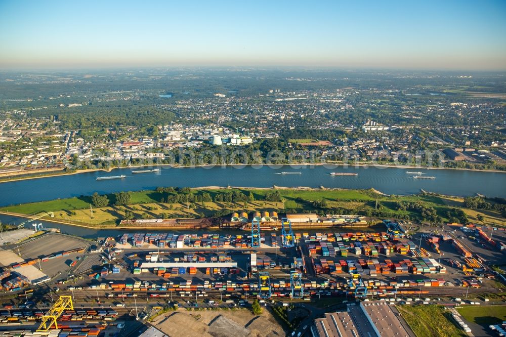 Duisburg from above - Container Terminal in the port of the inland port Logport Duisburg Rheinhausen in Duisburg in the state North Rhine-Westphalia