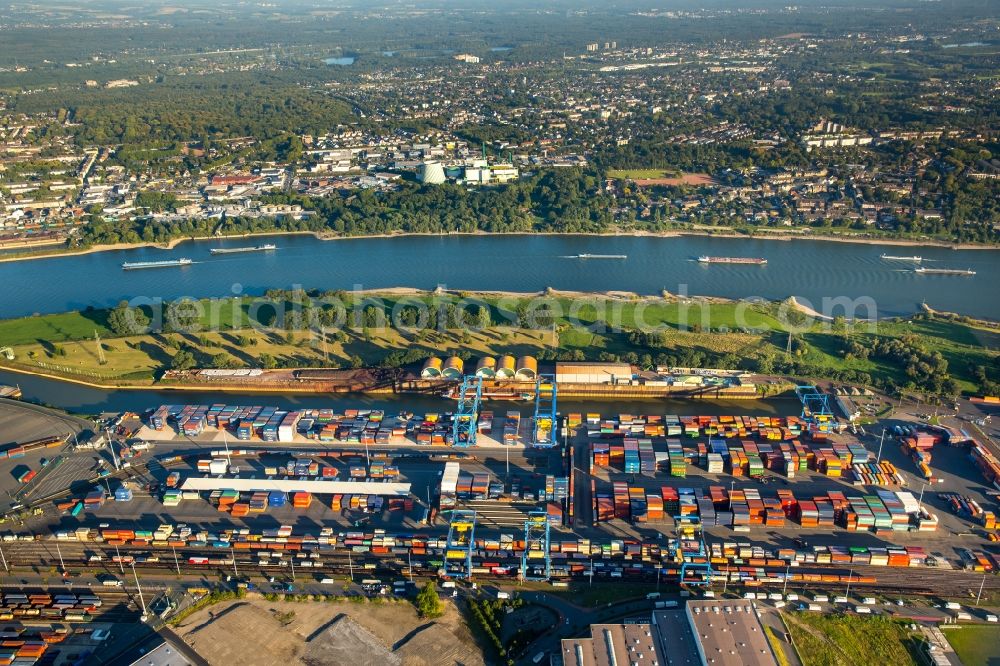 Duisburg from the bird's eye view: Container Terminal in the port of the inland port Logport Duisburg Rheinhausen in Duisburg in the state North Rhine-Westphalia