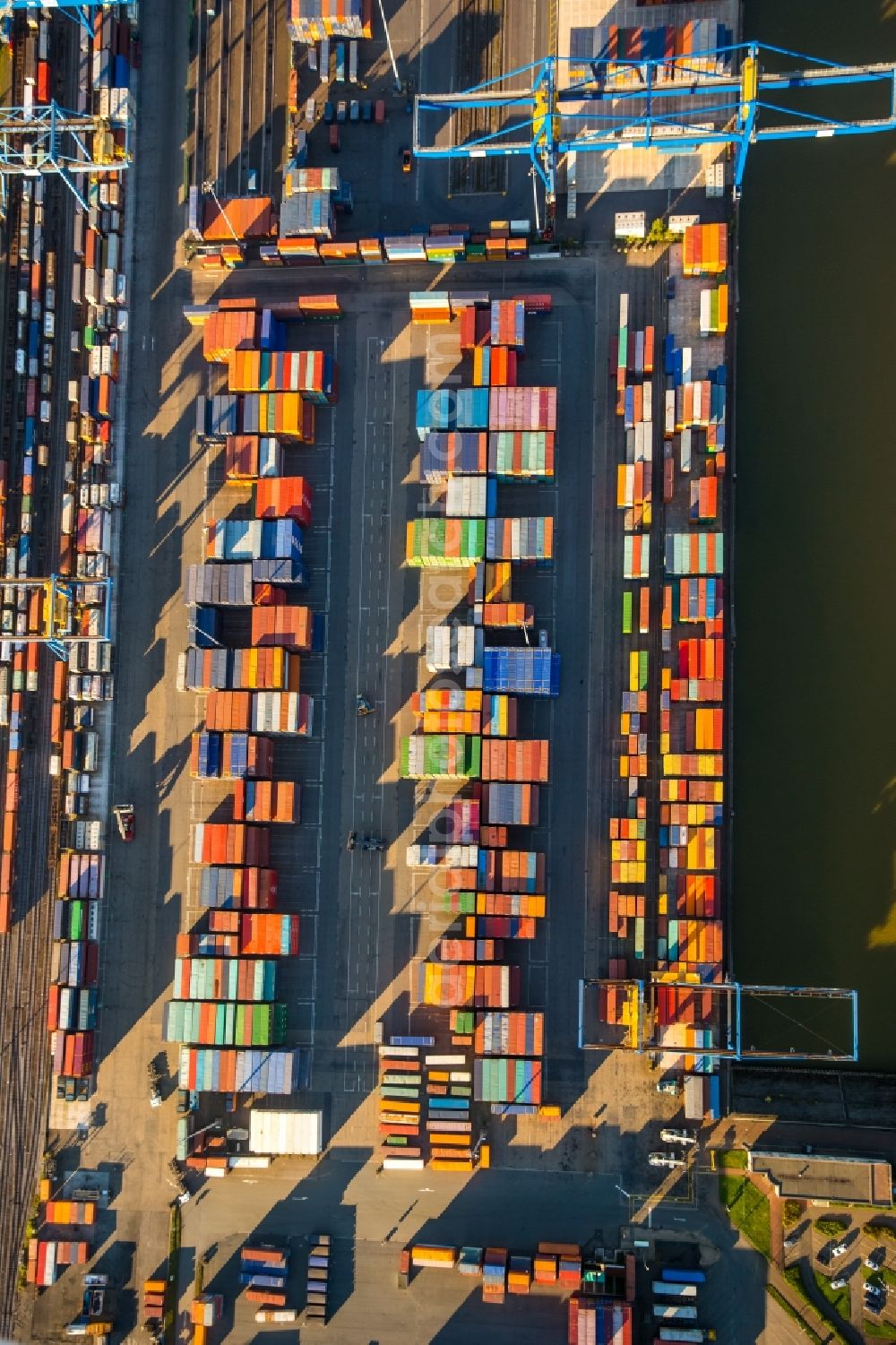 Duisburg from above - Container Terminal in the port of the inland port Logport Duisburg Rheinhausen in Duisburg in the state North Rhine-Westphalia