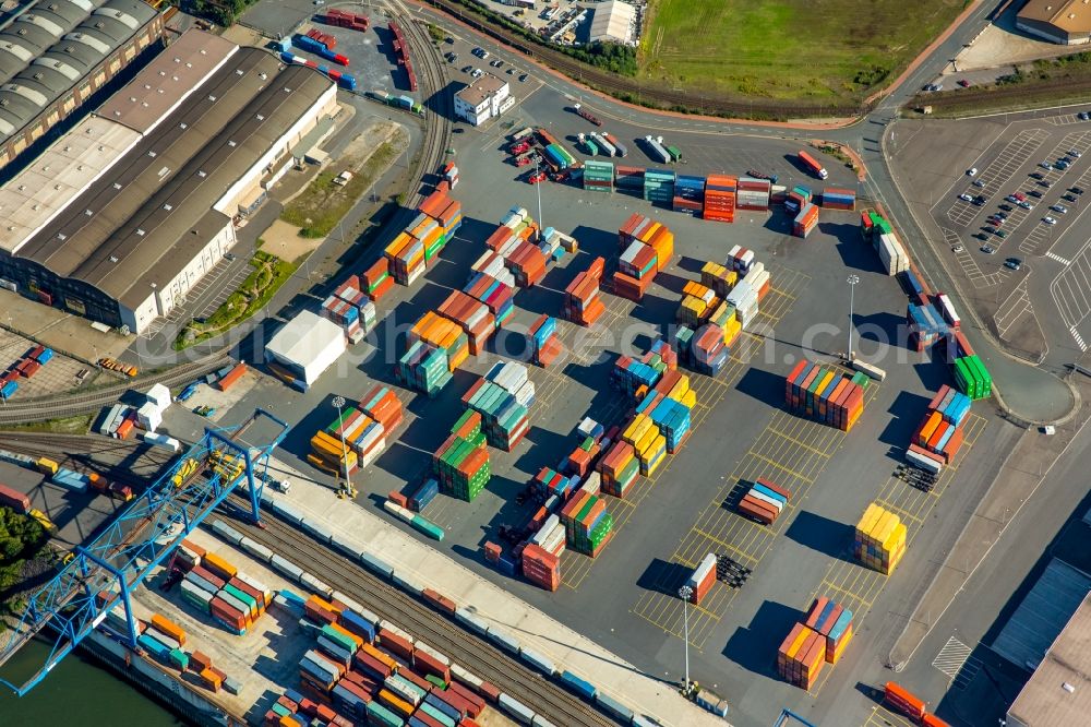 Aerial photograph Duisburg - Container Terminal in the port of the inland port Logport I in Duisburg in the state North Rhine-Westphalia