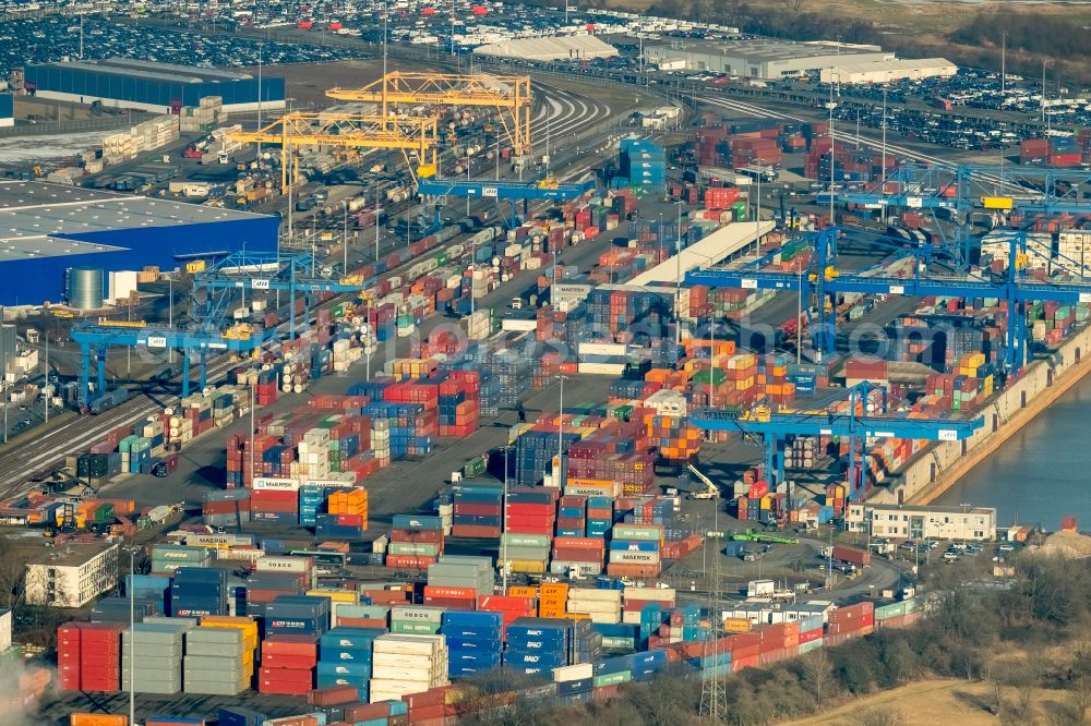 Aerial photograph Duisburg - Of the container terminal in the container port of the inland port of the river Rhein during floods of DIT Duisburg Intermodal Terminal GmbH on Gaterweg in the district of Friemersheim in Duisburg in the state North Rhine-Westphalia, Germany