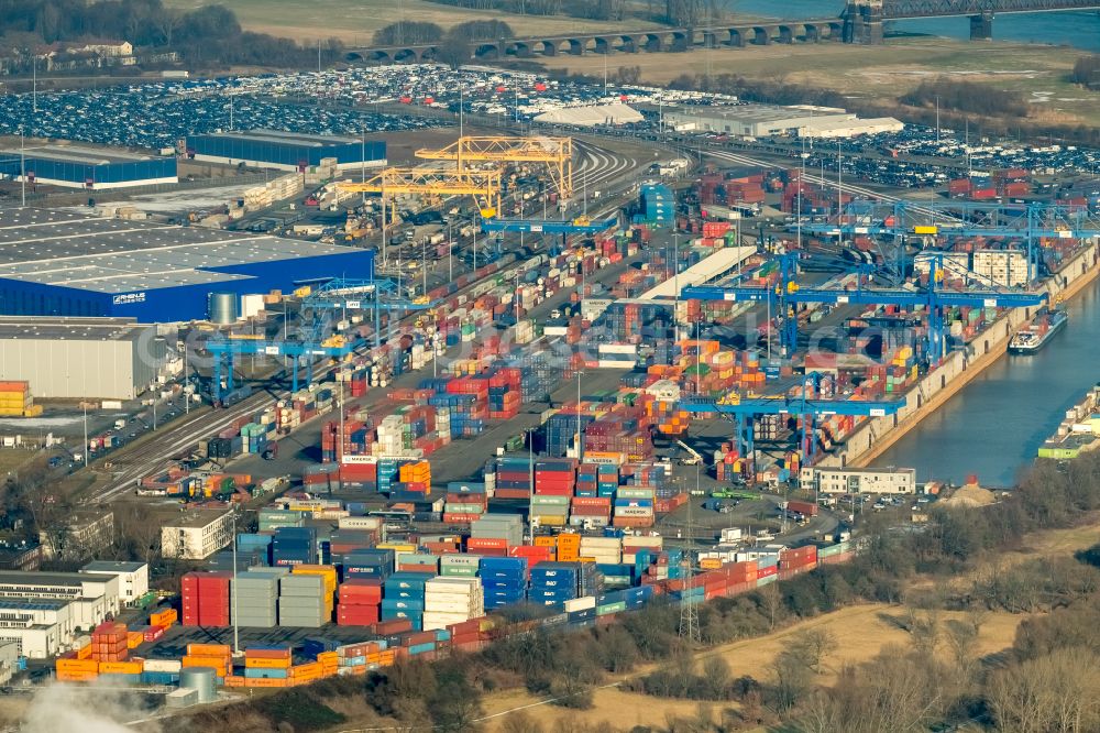 Duisburg from above - Of the container terminal in the container port of the inland port of the river Rhein during floods of DIT Duisburg Intermodal Terminal GmbH on Gaterweg in the district of Friemersheim in Duisburg in the state North Rhine-Westphalia, Germany