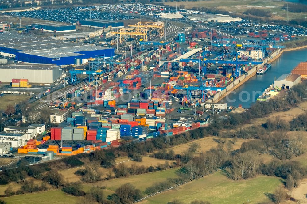 Aerial image Duisburg - Of the container terminal in the container port of the inland port of the river Rhein during floods of DIT Duisburg Intermodal Terminal GmbH on Gaterweg in the district of Friemersheim in Duisburg in the state North Rhine-Westphalia, Germany