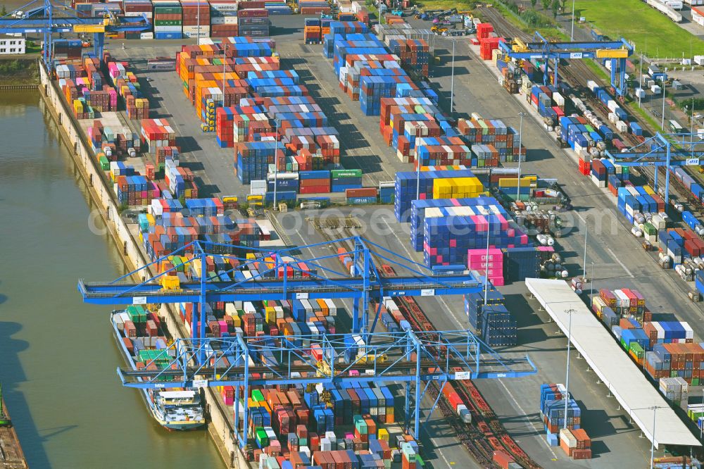 Duisburg from above - Of the container terminal in the container port of the inland port of the river Rhein during floods of DIT Duisburg Intermodal Terminal GmbH on Gaterweg in the district of Friemersheim in Duisburg in the state North Rhine-Westphalia, Germany