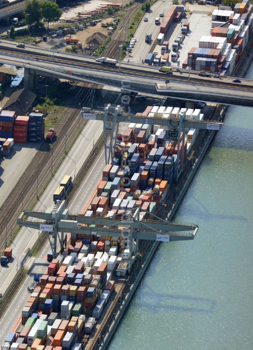 Ludwigshafen am Rhein from above - Container Terminal in the port of the inland port des Rhein in Ludwigshafen am Rhein in the state Rhineland-Palatinate