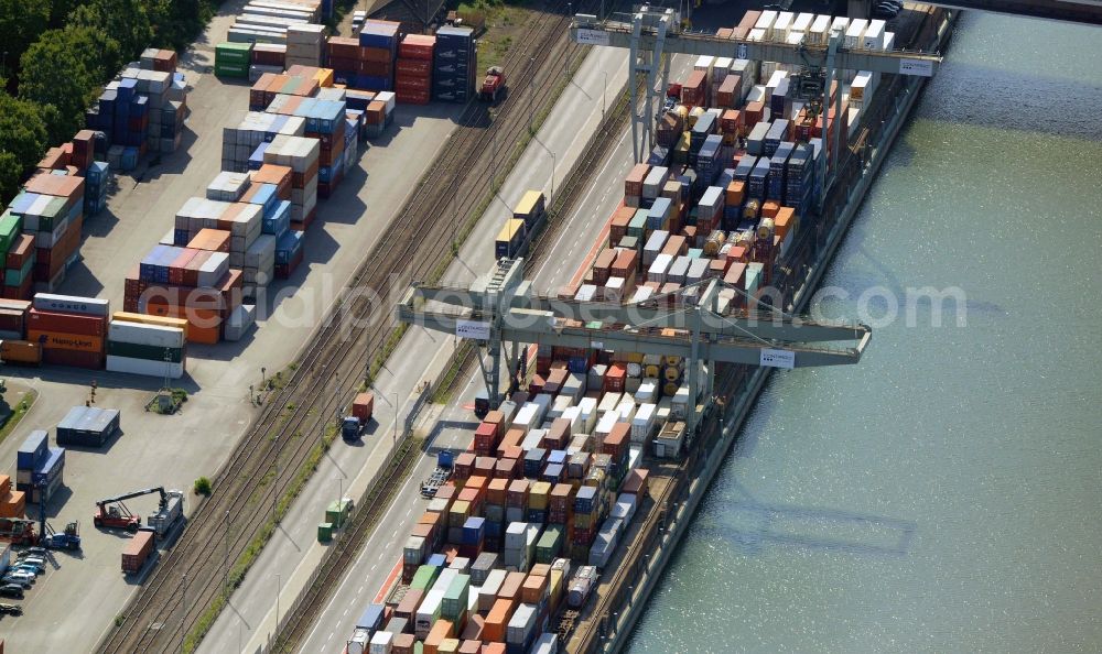 Ludwigshafen am Rhein from the bird's eye view: Container Terminal in the port of the inland port des Rhein in Ludwigshafen am Rhein in the state Rhineland-Palatinate