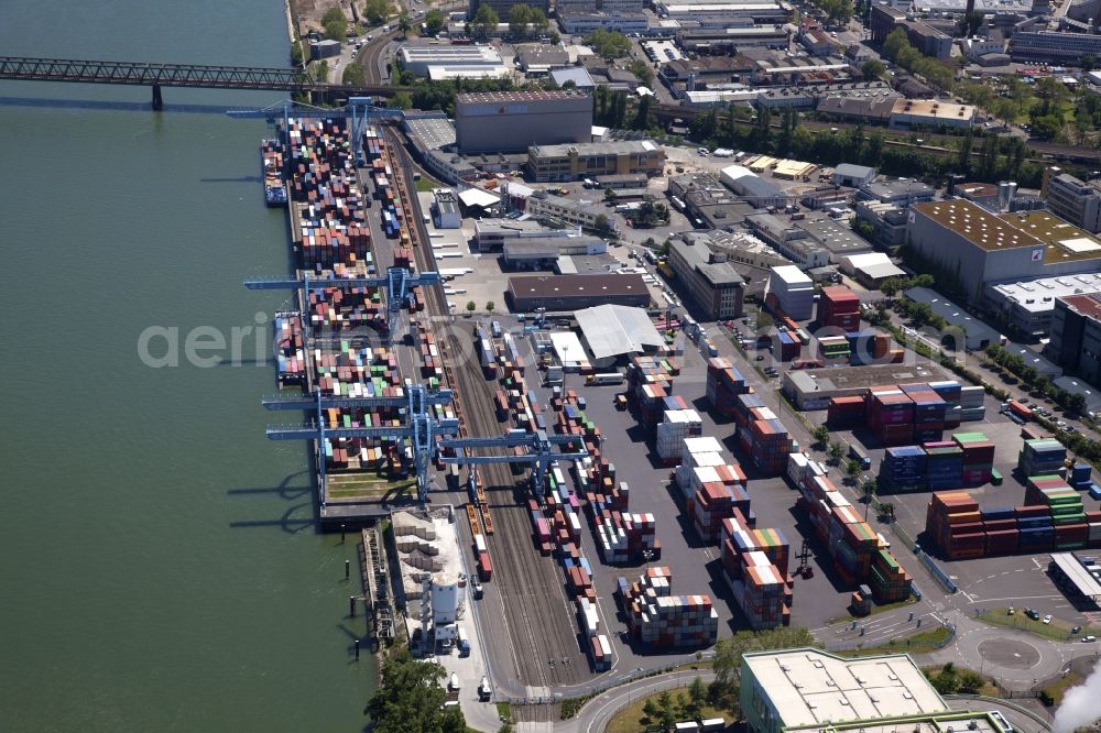 Aerial photograph Mainz - Container Terminal in the port of the inland port on Rhine in the district Neustadt in Mainz in the state Rhineland-Palatinate, Germany