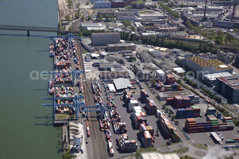 Mainz from above - Container Terminal in the port of the inland port on Rhine in the district Neustadt in Mainz in the state Rhineland-Palatinate, Germany