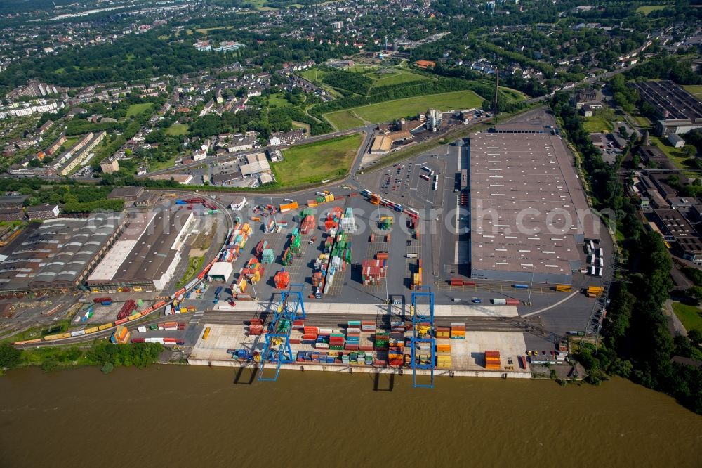 Duisburg from above - Container Terminal in the port of the inland port Rhein-Ruhr Terminal Gesellschaft fuer Container- und Gueterumschlag mbH on Richard-Seiffert-Strasse in Duisburg in the state North Rhine-Westphalia