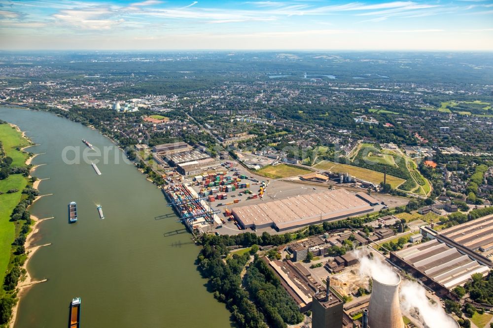 Duisburg from the bird's eye view: Container Terminal in the port of the inland port Rhein-Ruhr Terminal Gesellschaft fuer Container- und Gueterumschlag mbH on Richard-Seiffert-Strasse in Duisburg in the state North Rhine-Westphalia