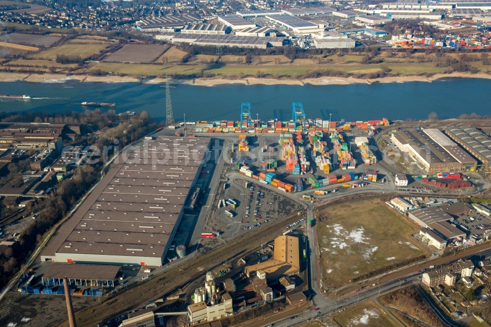 Duisburg from above - Container Terminal in the port of the inland port Rhein-Ruhr Terminal Gesellschaft fuer Container- und Gueterumschlag mbH Richard-Seiffert-Strasse in the district Wanheim - Angerhausen in Duisburg in the state North Rhine-Westphalia