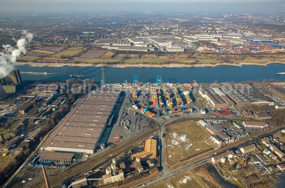 Duisburg from the bird's eye view: Container Terminal in the port of the inland port Rhein-Ruhr Terminal Gesellschaft fuer Container- und Gueterumschlag mbH Richard-Seiffert-Strasse in the district Wanheim - Angerhausen in Duisburg in the state North Rhine-Westphalia