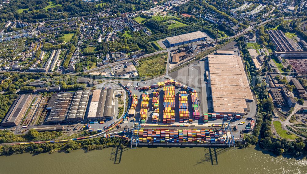 Aerial image Duisburg - container Terminal in the port of the inland port Rhein-Ruhr Terminal of the Gesellschaft fuer Container- und Gueterumschlag mbH on Richard-Seiffert-Strasse in the district Duisburg Sued in Duisburg in the state North Rhine-Westphalia, Germany