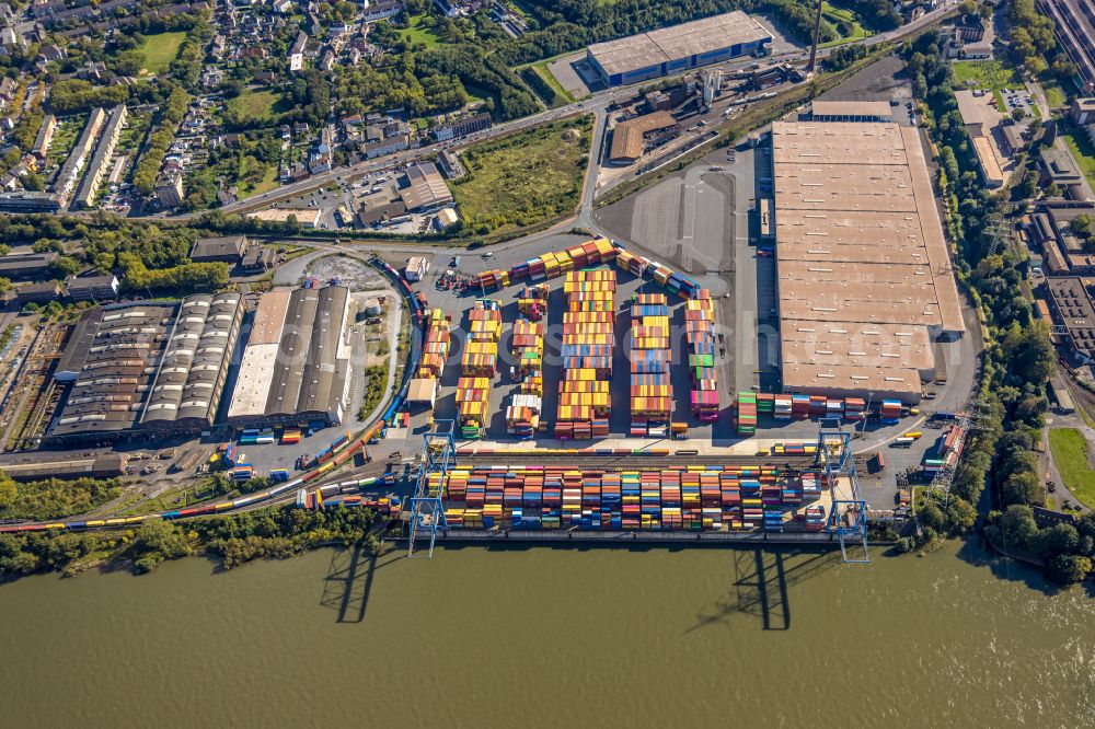 Duisburg from above - container Terminal in the port of the inland port Rhein-Ruhr Terminal of the Gesellschaft fuer Container- und Gueterumschlag mbH on Richard-Seiffert-Strasse in the district Duisburg Sued in Duisburg in the state North Rhine-Westphalia, Germany