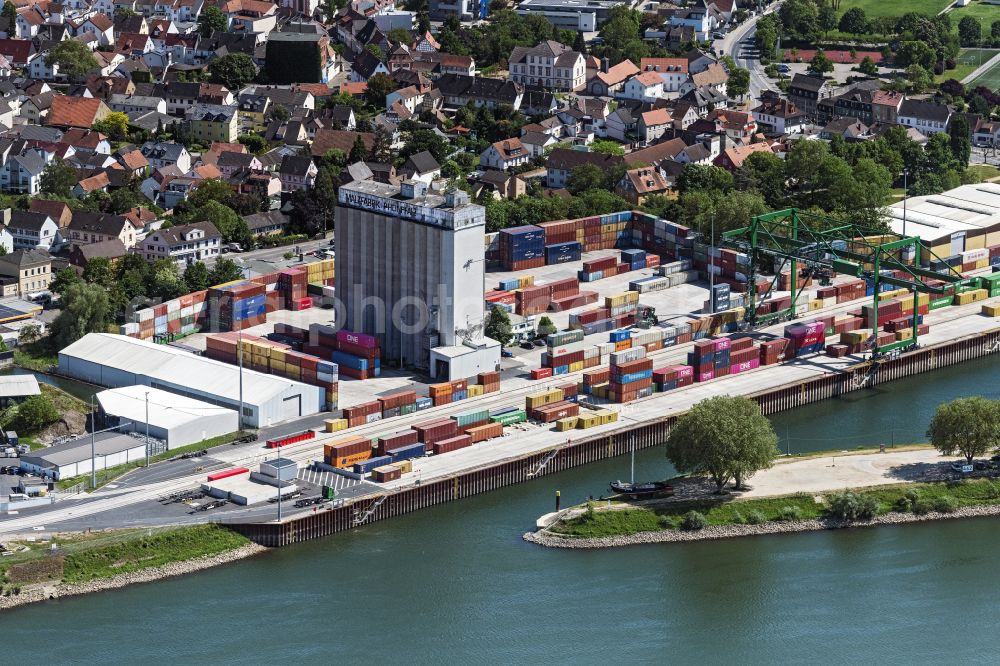 Aerial image Gernsheim - Container Terminal in the port of the inland port on the banks of the Rhine on street Am Hafen in Gernsheim in the state Hesse, Germany