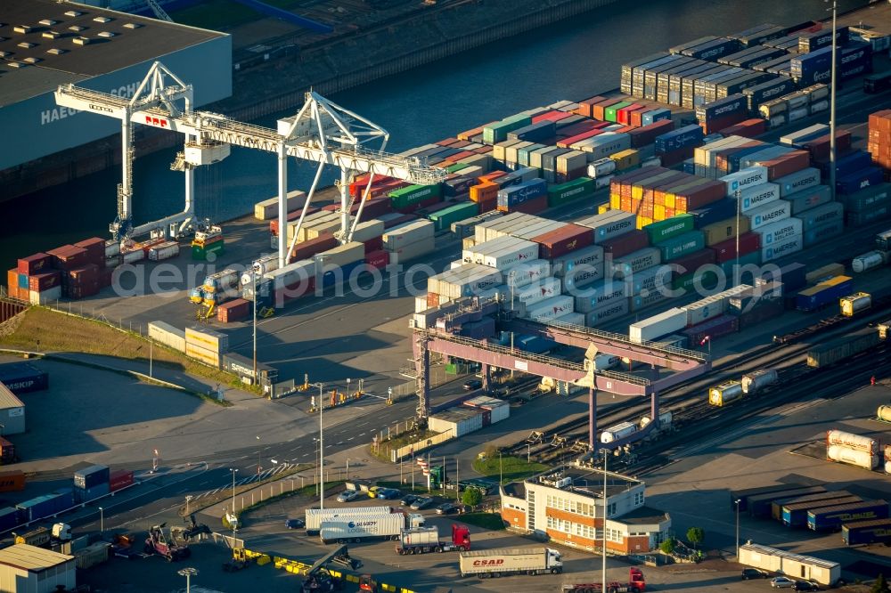 Duisburg from above - Container Terminal of the inland port at the riverside of the Ruhr in Duisburg in the state North Rhine-Westphalia