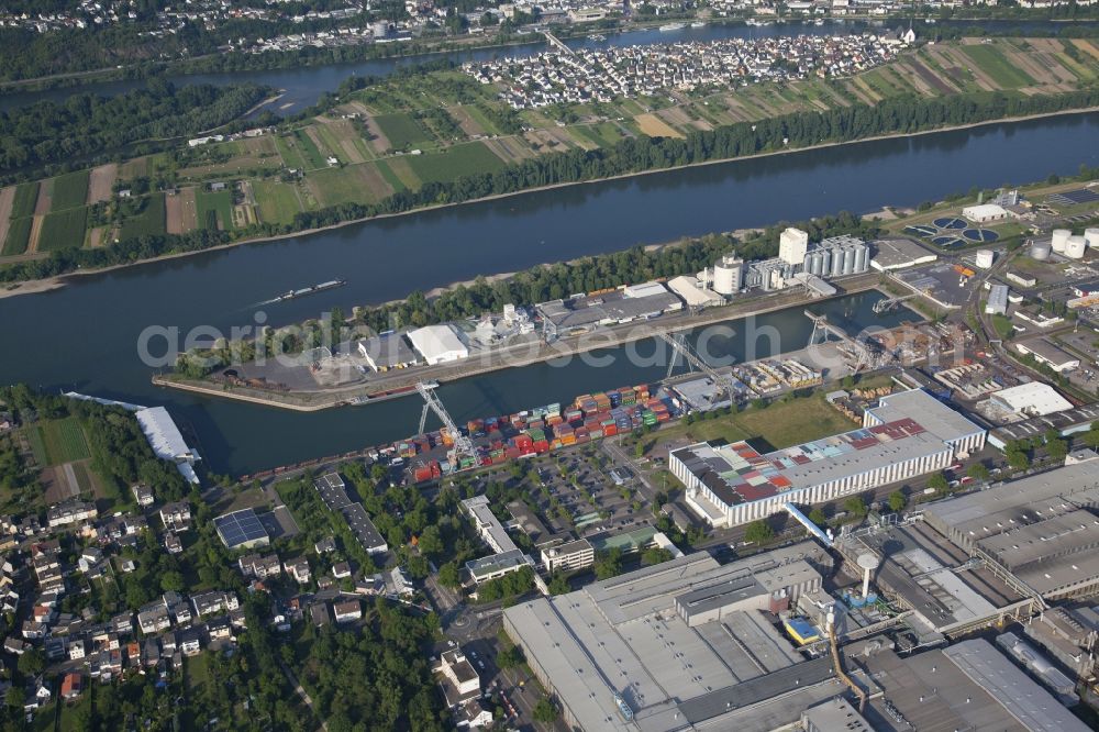 Koblenz from above - Container Terminal in the port of the inland port Rheinhafen in the district Kesselheim in Koblenz in the state Rhineland-Palatinate, Germany