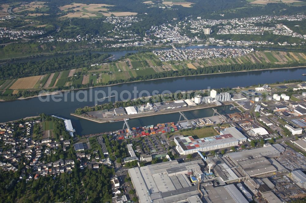 Koblenz from the bird's eye view: Container Terminal in the port of the inland port Rheinhafen in the district Kesselheim in Koblenz in the state Rhineland-Palatinate, Germany