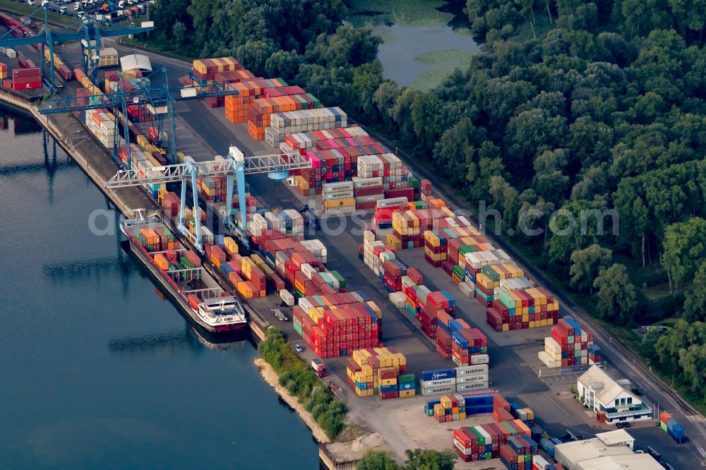 Aerial image Wörth am Rhein - Container terminal in the container port of Contargo Woerth-Karlsruhe GmbH on the lake of the Landeshafen in the district Industriegebiet Woerth-Oberwald in Woerth am Rhein in the state Rhineland-Palatinate, Germany