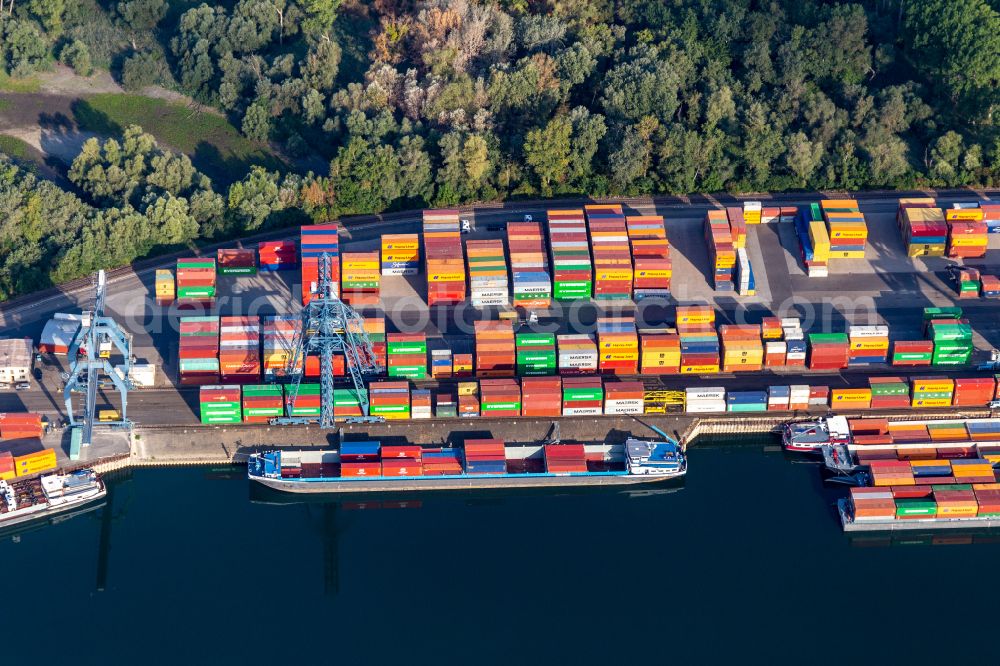 Aerial image Wörth am Rhein - Container terminal in the container port of Contargo Woerth-Karlsruhe GmbH on the lake of the Landeshafen in the district Industriegebiet Woerth-Oberwald in Woerth am Rhein in the state Rhineland-Palatinate, Germany