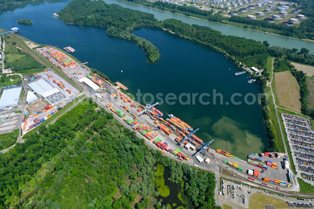 Wörth am Rhein from above - Container terminal in the container port of Contargo Woerth-Karlsruhe GmbH on the lake of the Landeshafen in the district Industriegebiet Woerth-Oberwald in Woerth am Rhein in the state Rhineland-Palatinate, Germany