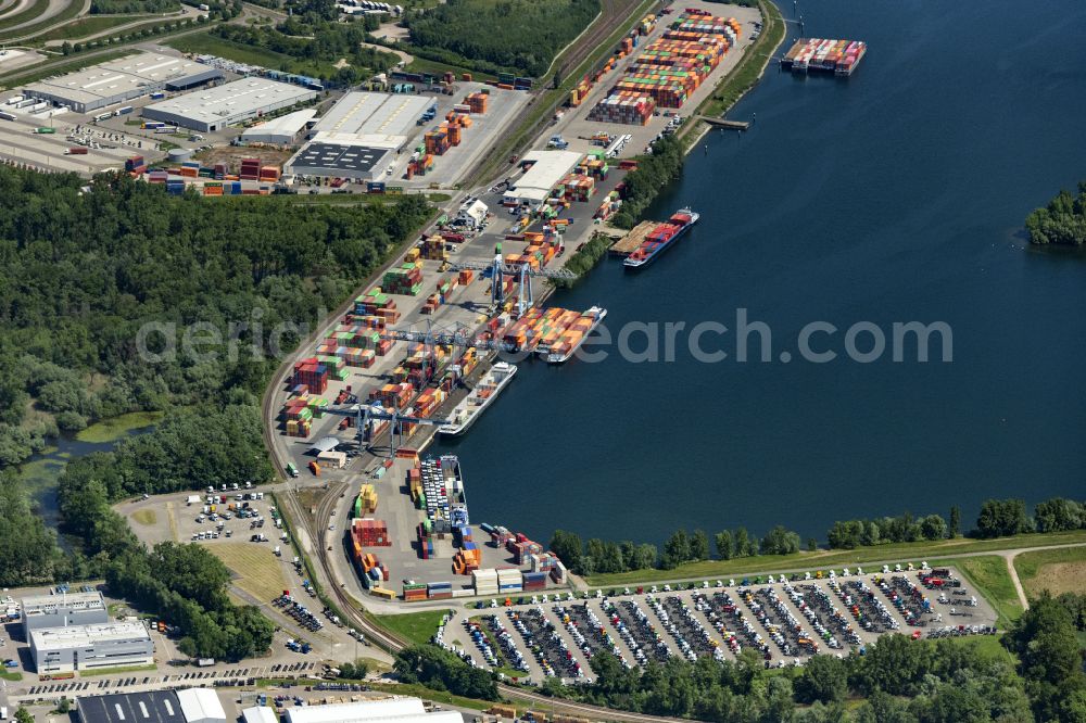 Aerial image Wörth am Rhein - Container terminal in the container port of Contargo Woerth-Karlsruhe GmbH on the lake of the Landeshafen in the district Industriegebiet Woerth-Oberwald in Woerth am Rhein in the state Rhineland-Palatinate, Germany