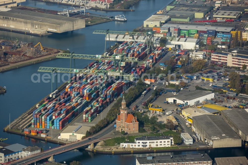 Aerial image Dortmund - Container Terminal Dortmund GmbH. Unloading and loading station of cargo and ship containers. In the foreground is the Altes Hafenamt. The terminal is located in an industrial area in the port district in Dortmund in North Rhine-Westphalia