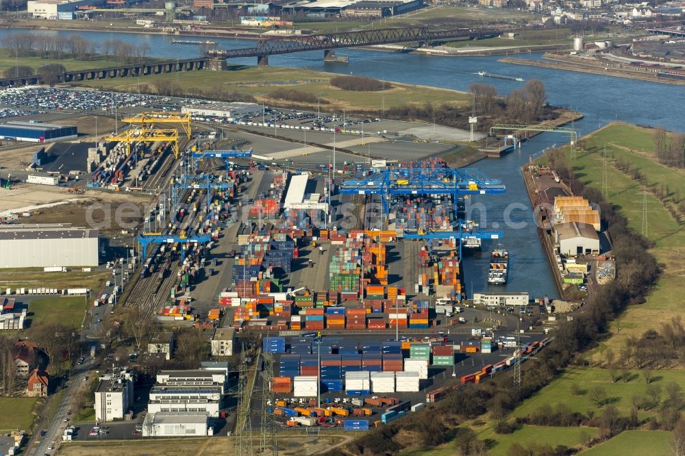 Duisburg from the bird's eye view: View of a container terminal in Duisburg in the state North Rhine-Westphalia