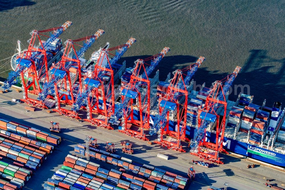 Aerial image Hamburg - Container terminal from Eurogate in the container port on Burchardkai of the Ueberseehafen in the Waltershof district in Hamburg, Germany