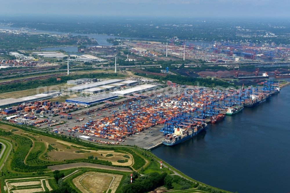 Aerial image Hamburg - Container Terminal HHLA Container Terminal Altenwerder (CTA) on the Elbe riverbank in the Altenwerder part of Hamburg in Germany