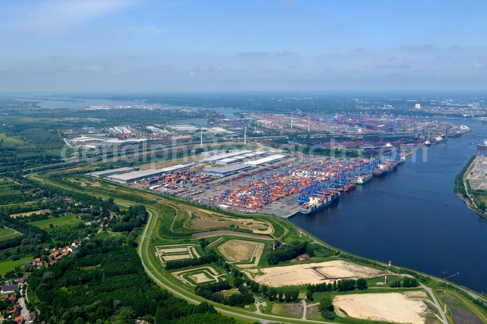 Aerial photograph Hamburg - Container Terminal HHLA Container Terminal Altenwerder (CTA) on the Elbe riverbank in the Altenwerder part of Hamburg in Germany