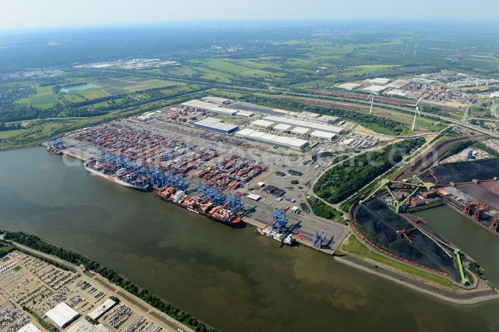 Aerial image Hamburg - Container Terminal HHLA Container Terminal Altenwerder (CTA) on the Elbe riverbank in the Altenwerder part of Hamburg in Germany