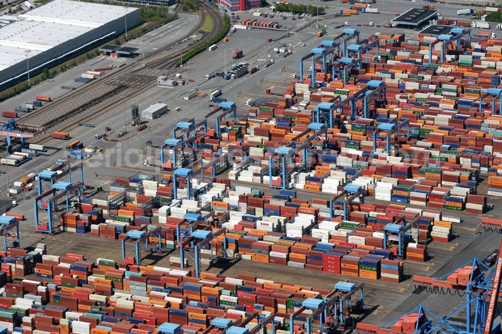 Aerial image Hamburg - Container Terminal HHLA Container Terminal Altenwerder (CTA) on the Elbe riverbank in the Altenwerder part of Hamburg in Germany