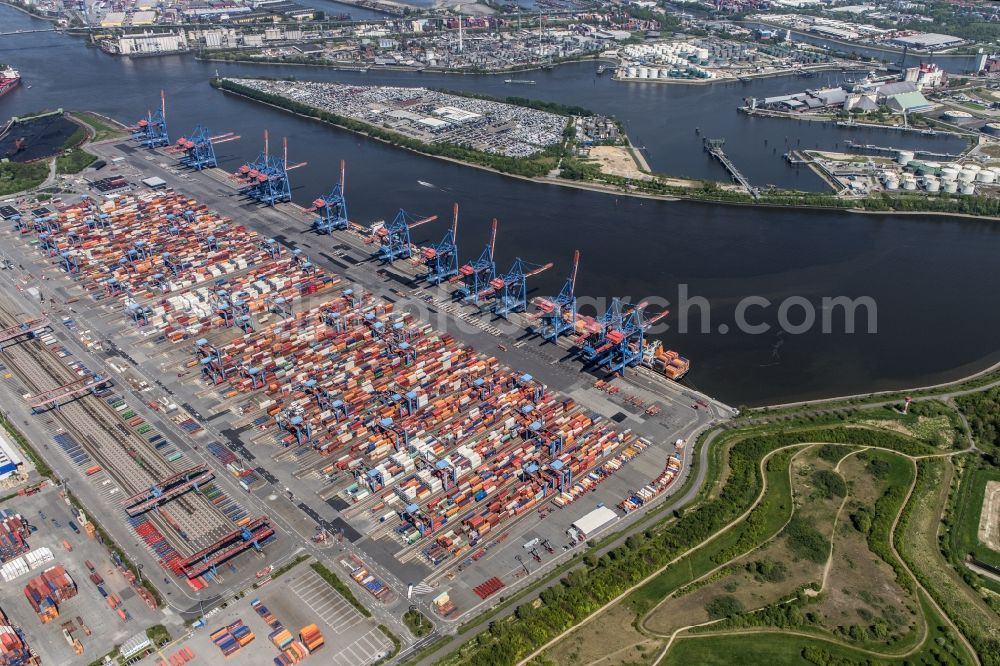 Hamburg from above - Container Terminal HHLA Container Terminal Altenwerder (CTA) on the Elbe riverbank in the Altenwerder part of Hamburg in Germany