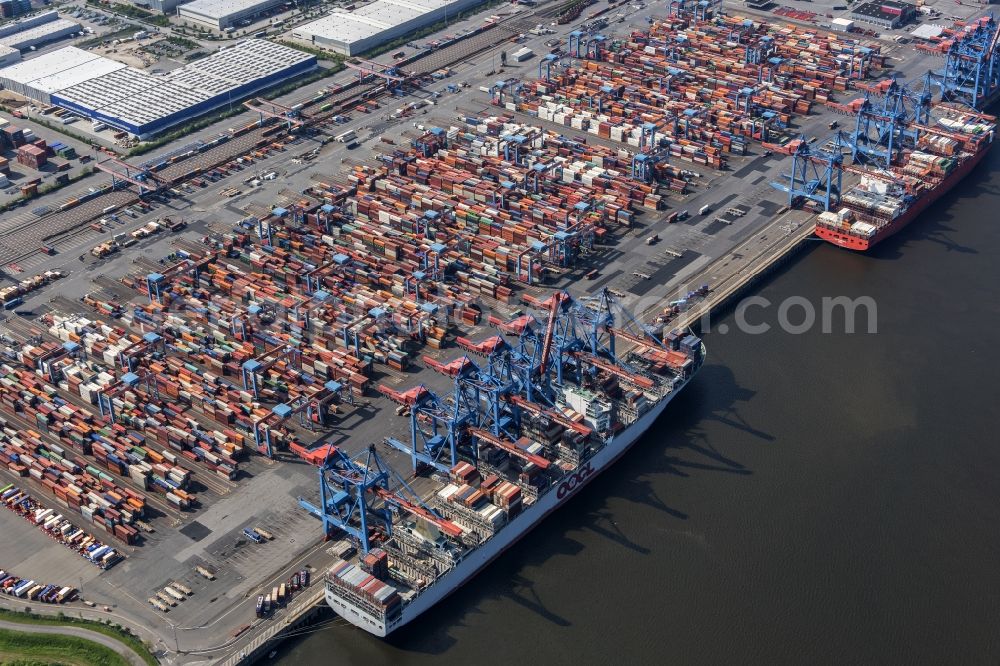 Aerial photograph Hamburg - Container Terminal HHLA Container Terminal Altenwerder (CTA) on the Elbe riverbank in the Altenwerder part of Hamburg in Germany