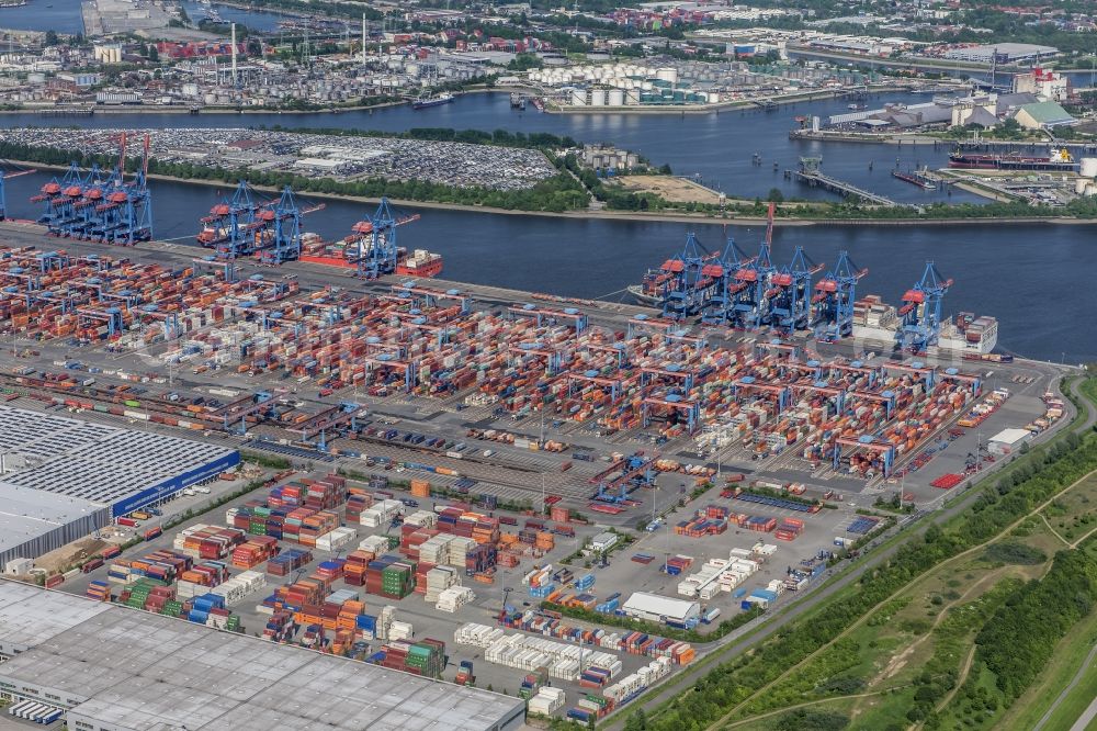 Aerial photograph Hamburg - Container Terminal HHLA Container Terminal Altenwerder (CTA) on the Elbe riverbank in the Altenwerder part of Hamburg in Germany