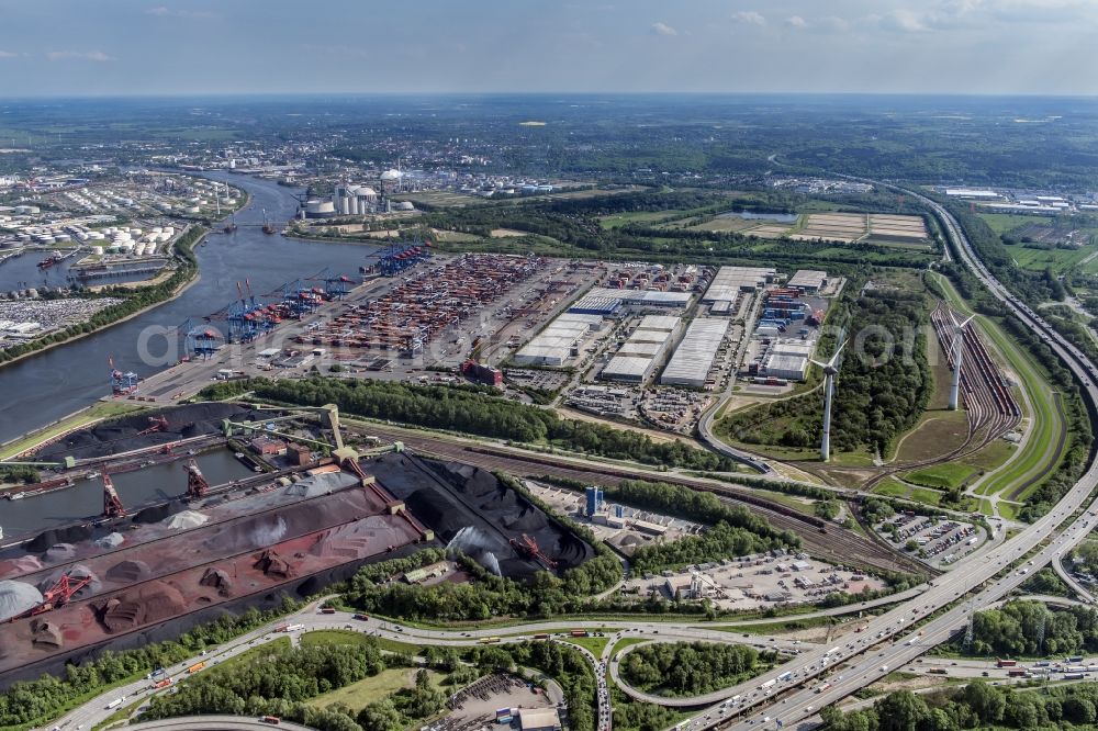 Hamburg from the bird's eye view: Container Terminal HHLA Container Terminal Altenwerder (CTA) on the Elbe riverbank in the Altenwerder part of Hamburg in Germany