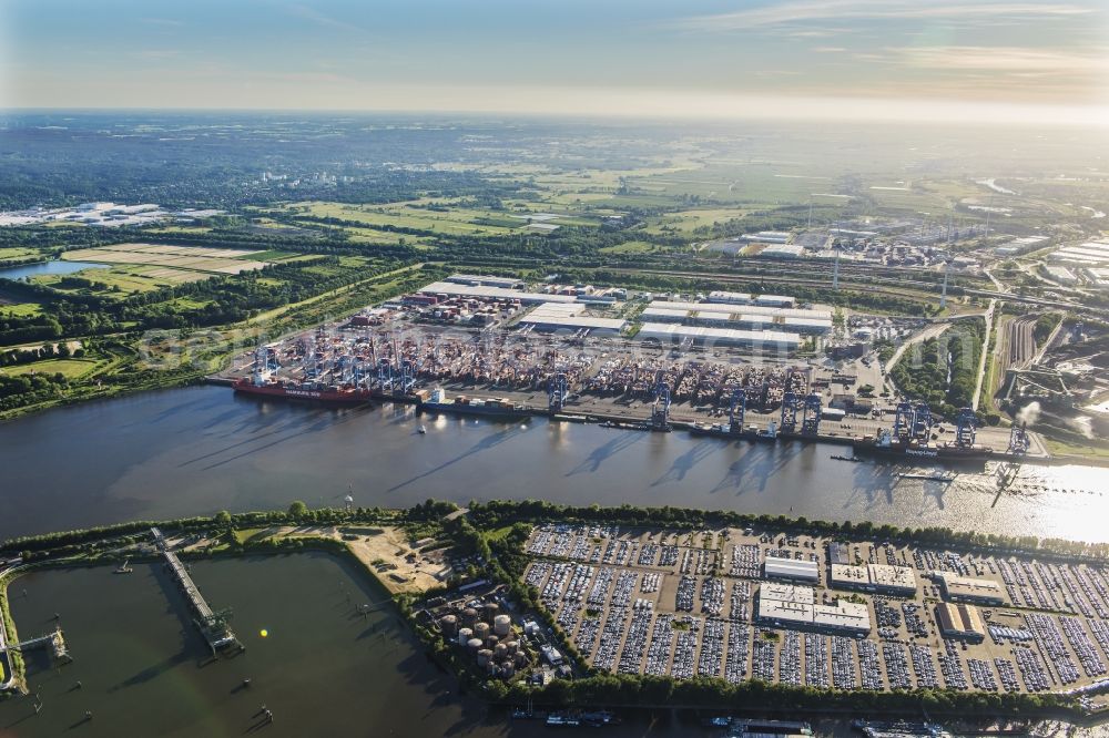 Hamburg from the bird's eye view: Container Terminal HHLA Container Terminal Altenwerder (CTA) on the Elbe riverbank in the Altenwerder part of Hamburg in Germany