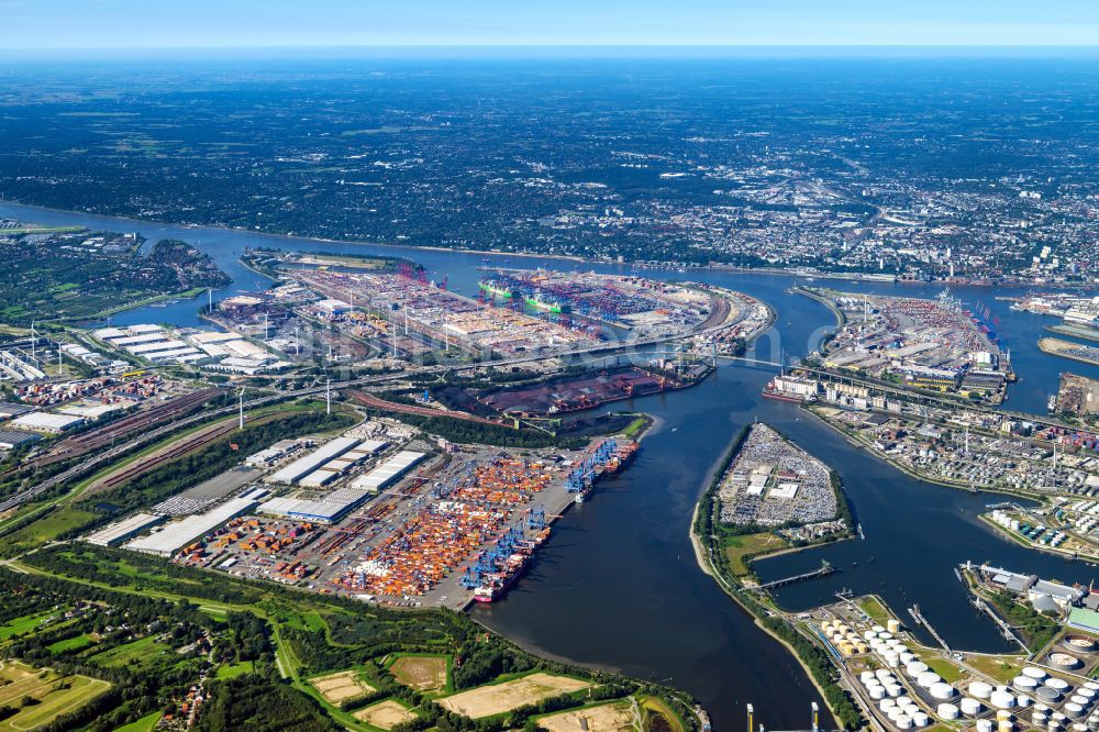 Aerial photograph Hamburg - Container Terminal HHLA Container Terminal Altenwerder (CTA) on the Elbe riverbank in the Altenwerder part of Hamburg in Germany