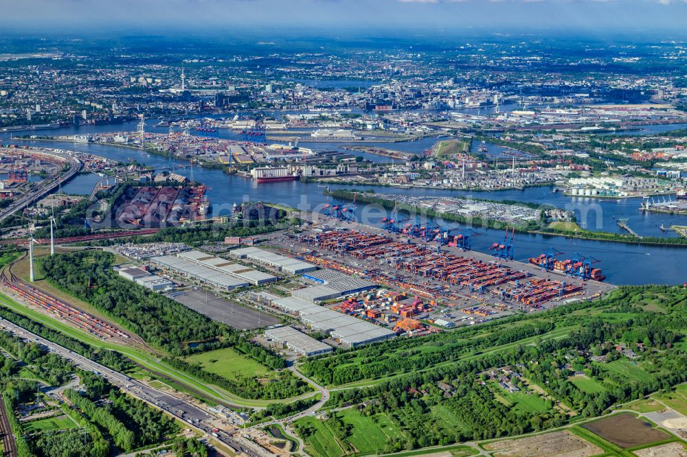 Hamburg from above - Container Terminal HHLA Container Terminal Altenwerder (CTA) on the Elbe riverbank in the Altenwerder part of Hamburg in Germany