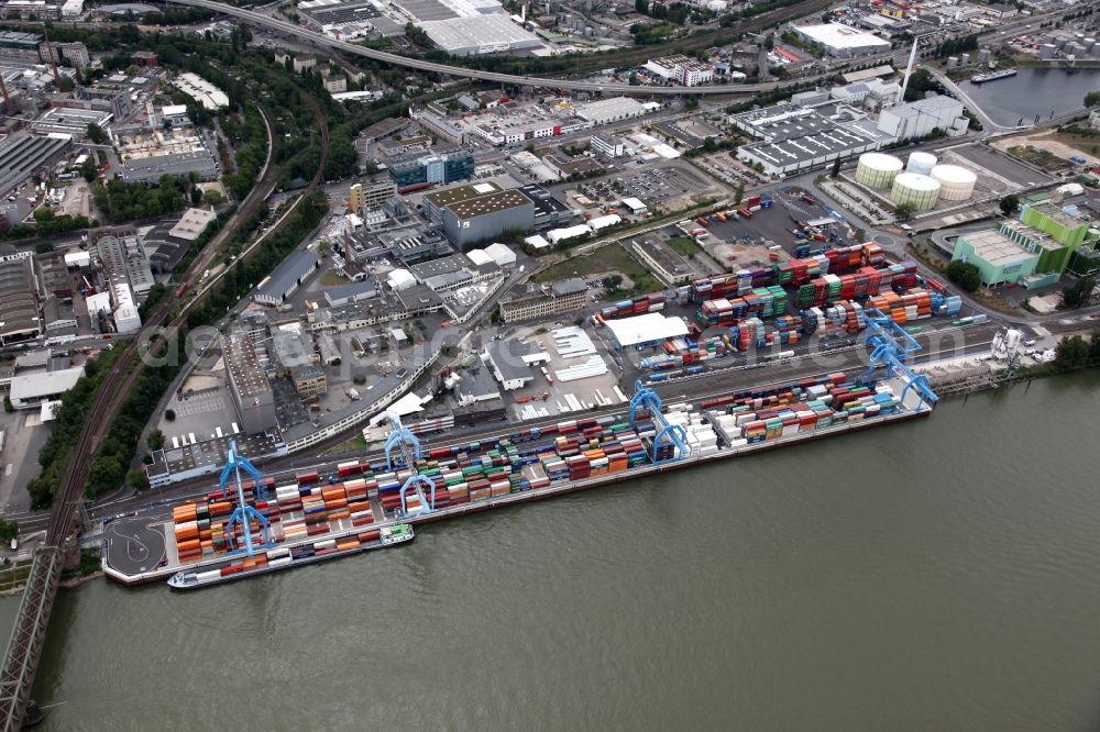 Mainz Mombach from above - Container terminal of the express company Ernst Frankenbach GmbH. Unloading and loading of freight and shipping containers on the Rhine. The terminal is located in an industrial area in the district Mombach in Mainz in Rhineland-Palatinate