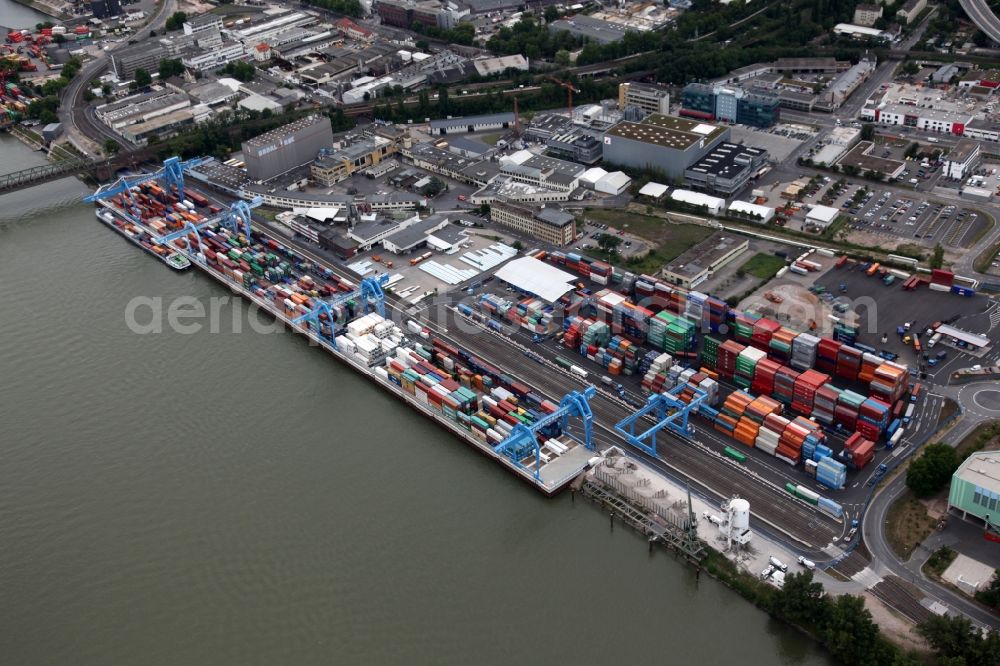 Mainz Mombach from the bird's eye view: Container terminal of the express company Ernst Frankenbach GmbH. Unloading and loading of freight and shipping containers on the Rhine. The terminal is located in an industrial area in the district Mombach in Mainz in Rhineland-Palatinate