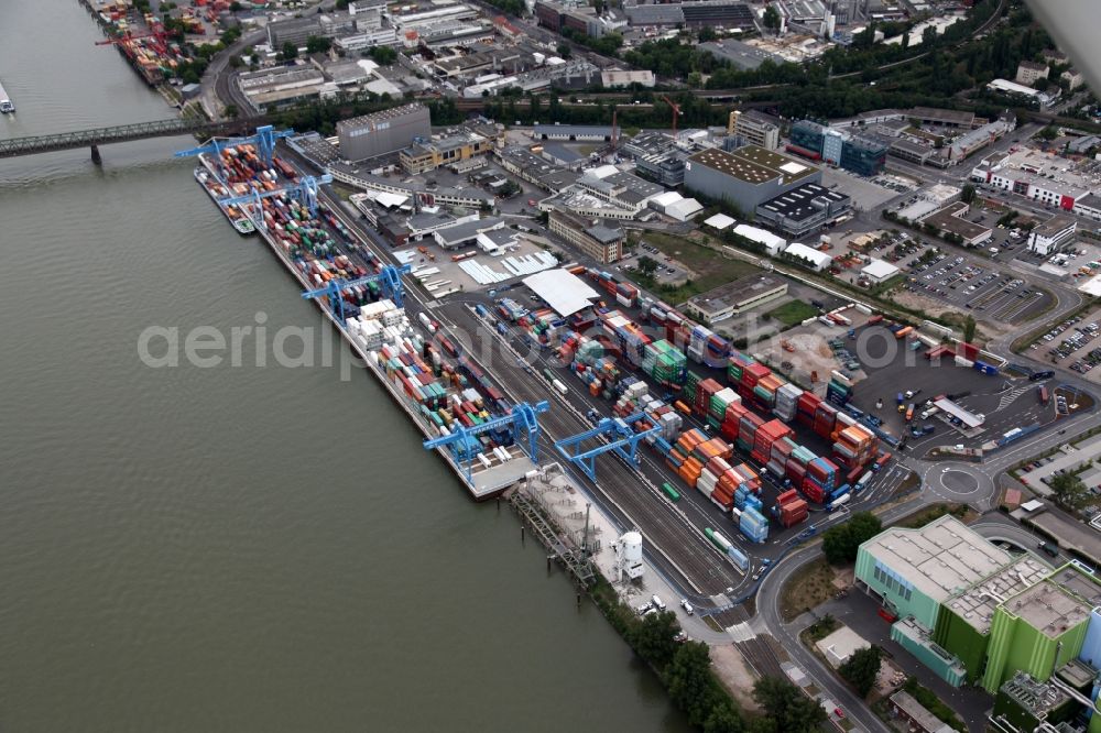 Aerial image Mainz Mombach - Container terminal of the express company Ernst Frankenbach GmbH. Unloading and loading of freight and shipping containers on the Rhine. The terminal is located in an industrial area in the district Mombach in Mainz in Rhineland-Palatinate