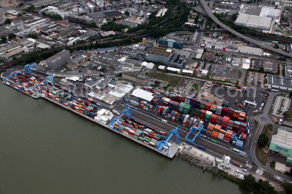 Mainz Mombach from above - Container terminal of the express company Ernst Frankenbach GmbH. Unloading and loading of freight and shipping containers on the Rhine. The terminal is located in an industrial area in the district Mombach in Mainz in Rhineland-Palatinate