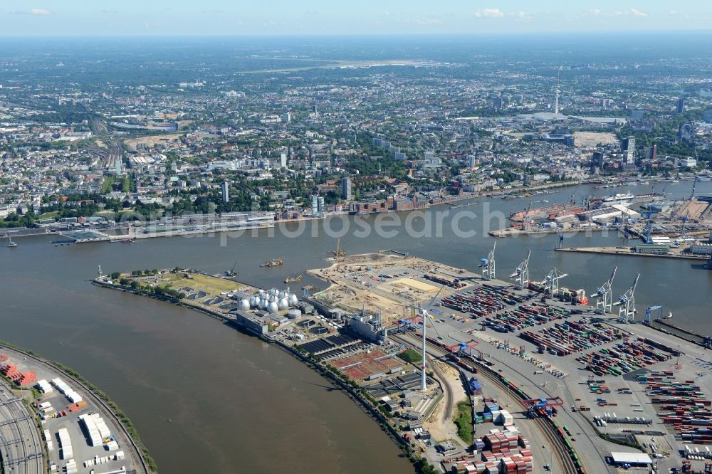 Hamburg from above - Container Terminal Tollerort in the port of the international port in district Steinwerder in Hamburg with sewage works Koehlbrandhoeft