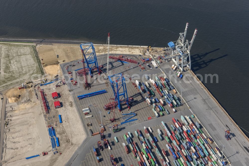 Aerial image Hamburg - Container Terminal Tollerort in the port of the international port in district Steinwerder in Hamburg with sewage works Koehlbrandhoeft